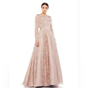MAC DUGGAL NWT EMBELLISHED ILLUSION LONG SLEEVE A LINE GOWN SIZE 12 IN MOCHA